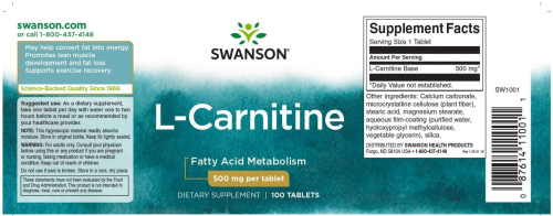 L-Carnitine 500 mg ( L-Карнитин) 100 таб (Swanson) фото 2