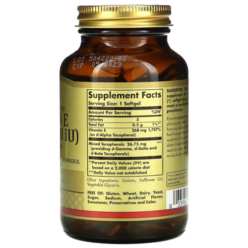 Vitamin E (Витамин E) Mixed Tocopherol 268 мг (400 IU) 100 мягких капсул (Solgar) фото 2
