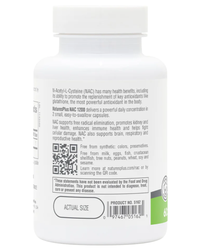 NAC 1200 mg Pro N-Acetyl-L-Cysteine (N-Ацетил-L-Цистеин 1200 мг) 60 капсул (NaturesPlus) фото 2