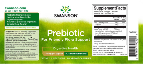 Prebiotic for Friendly Flora Support 375 mg (пребиотик 375 мг ) 60 вег капсул (Swanson)  09.23 фото 2