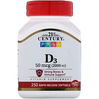 Vitamin D3 Витамин D3 50 мкг (2000 IU) 250 мягких капсул (21st Century)