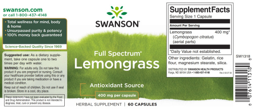 Lemongrass 400 mg Full Spectrum (Лемонграсс 400 мг) 60 капсул (Swanson) фото 3